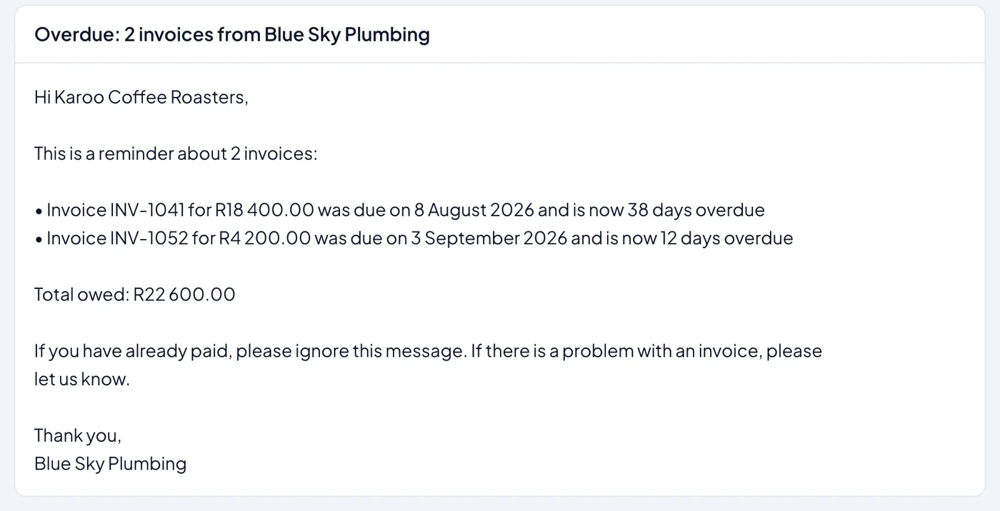 A reminder email to Karoo Coffee Roasters listing two overdue invoices and the total owed.